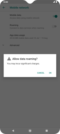 If you turn on data roaming, press OK.