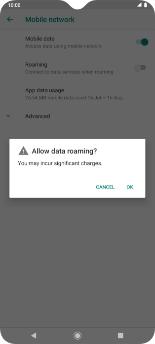 If you turn on data roaming, press OK.
