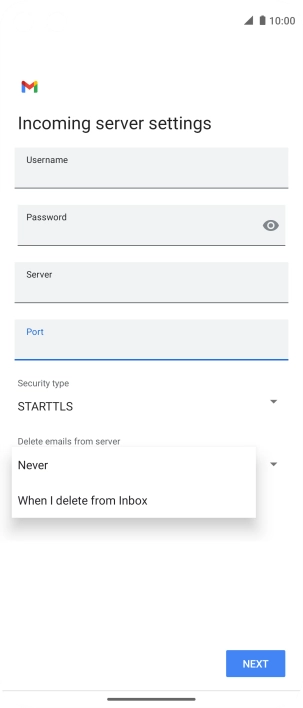 Press Never to keep email messages on the server when you delete them on your phone.