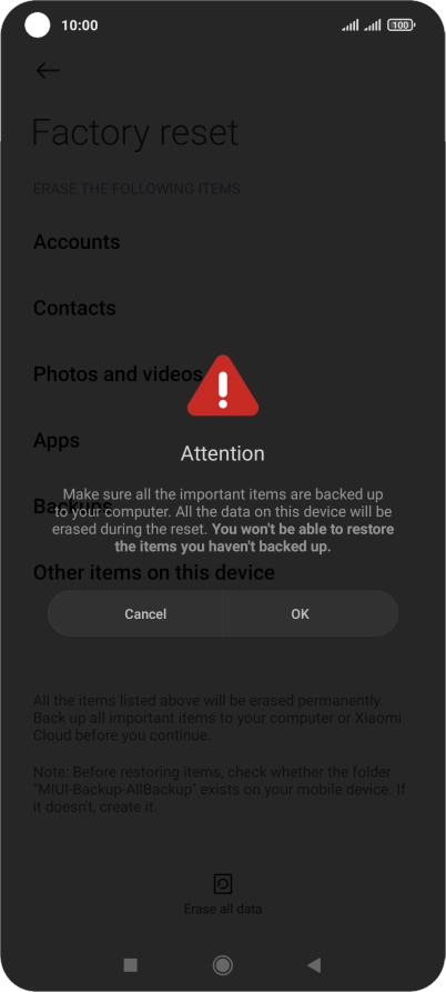 Press OK. Wait a moment while the factory default settings are restored. Follow the instructions on the screen to set up your phone and prepare it for use.