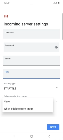 Press Never to keep email messages on the server when you delete them on your phone.