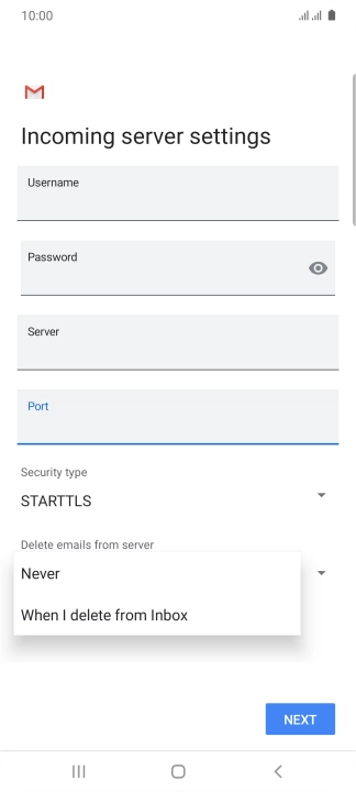 Press Never to keep email messages on the server when you delete them on your phone.