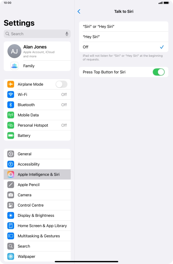 Press the required setting to turn the function on or off. If you turn on the function, you need to follow the instructions on the screen to set up Siri to recognise your voice.