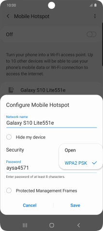 Press WPA2 PSK to password protect your Wi-Fi hotspot.