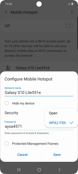 Press WPA2 PSK to password protect your Wi-Fi hotspot.