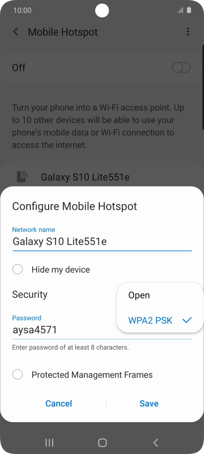 Press WPA2 PSK to password protect your Wi-Fi hotspot.