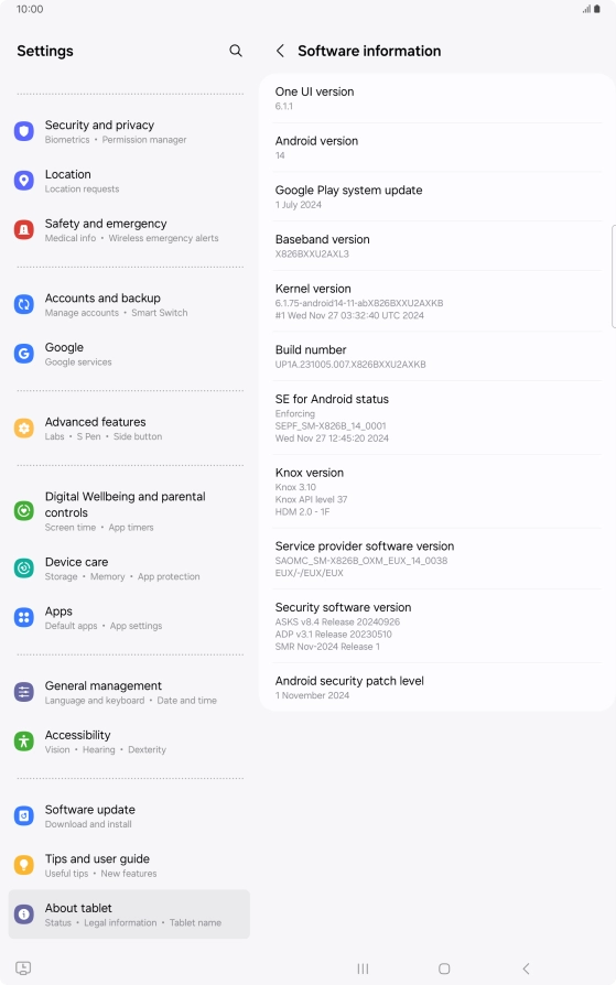 Your tablet's software version is displayed below Android version.