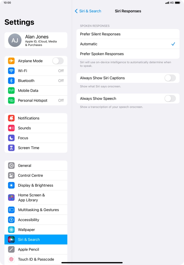 Press the required setting.