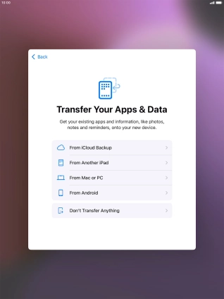 When this screen is displayed, your tablet is ready to restore content from an iCloud backup.