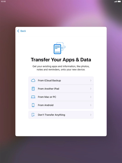 When this screen is displayed, your tablet is ready to restore content from an iCloud backup.