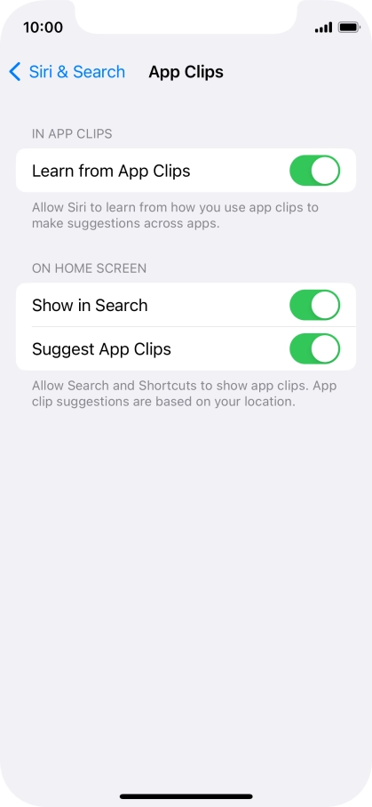 Press the indicators next to the required settings to turn them on or off.