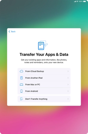 You can restore content from an iCloud backup when your tablet is activated for the first time and after a factory reset. When this screen is displayed, your tablet is ready to restore content from an iCloud backup.