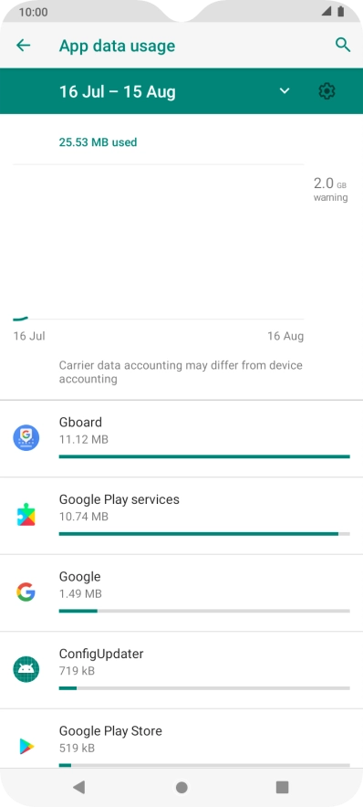 The data usage for each application is displayed below the name of the application.
