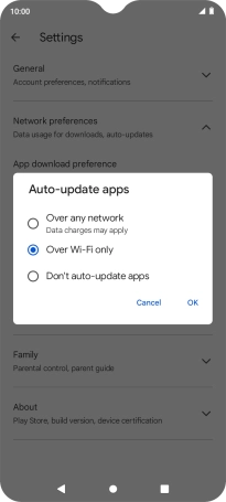 To turn on automatic update of apps using mobile network, press Over any network.