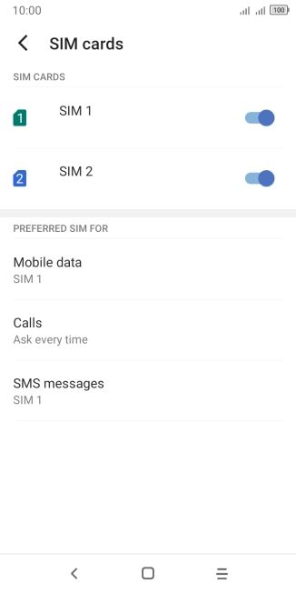 Press the indicator next to the required SIM to turn use of the SIM on or off.