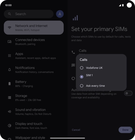 Press the required setting.