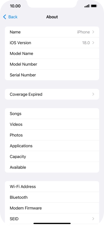 Your phone's software version is displayed next to iOS Version.