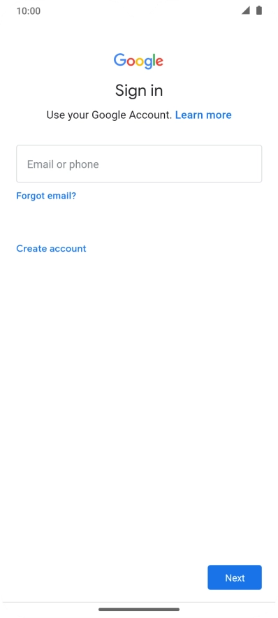 If you don't have a Google account, press Create account and follow the instructions on the screen to create an account.