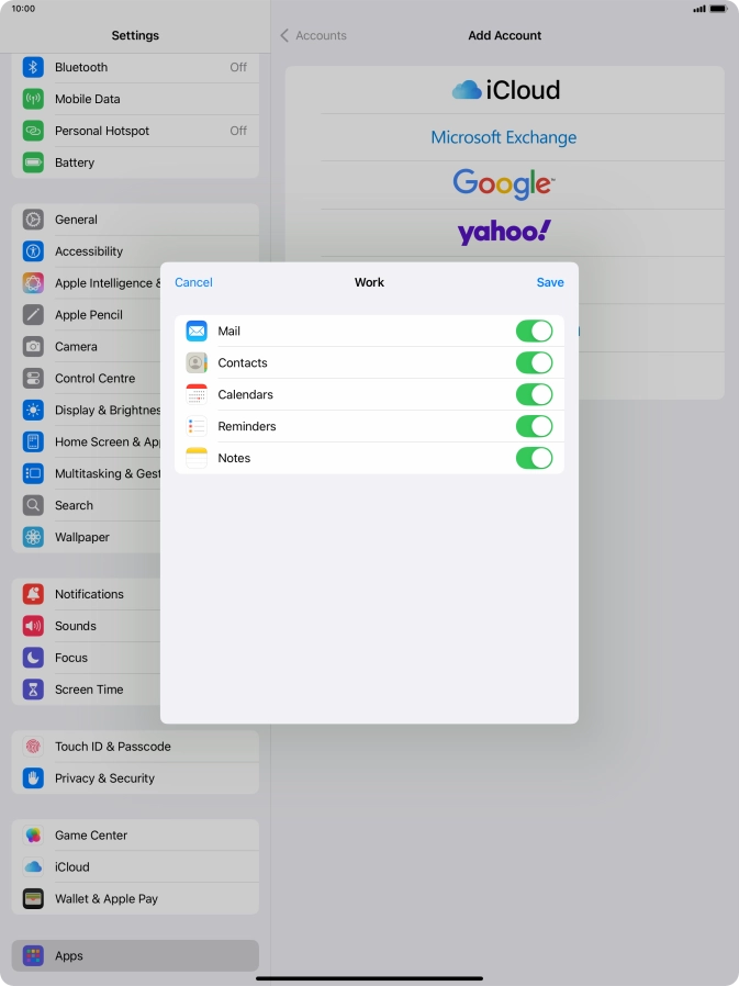 Press the indicators next to the required data types to turn synchronisation of each data type on or off.