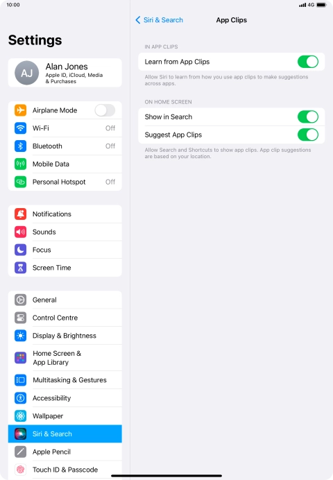 Press the indicators next to the required settings to turn them on or off.