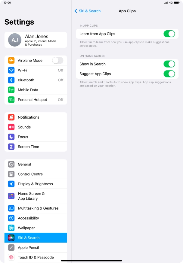 Press the indicators next to the required settings to turn them on or off.