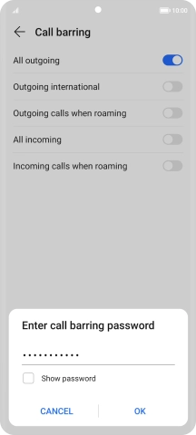 Key in your barring password and press OK. The default barring password is 1919.