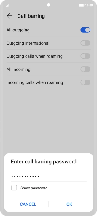 Key in your barring password and press OK. The default barring password is 1919.