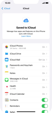 Press the indicators next to the required data types to turn synchronisation of each data type on or off.