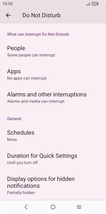 Press Schedules and follow the instructions on the screen to select settings for automatic activation of Do Not Disturb.
