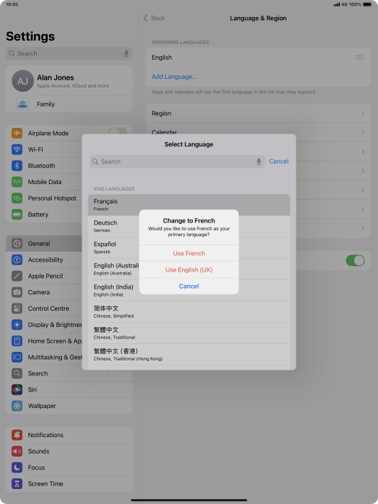 To select the new language as the default tablet language, press Use ‹language›.