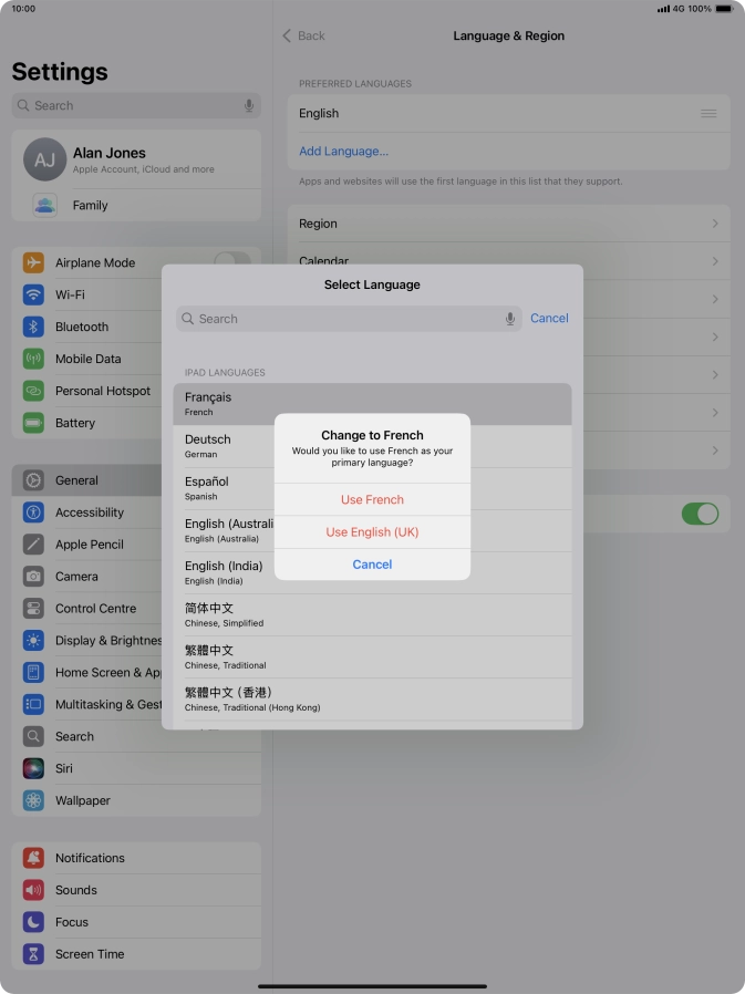 To select the new language as the default tablet language, press Use ‹language›.