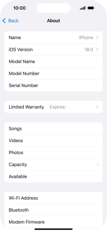 Your phone's software version is displayed next to iOS Version.