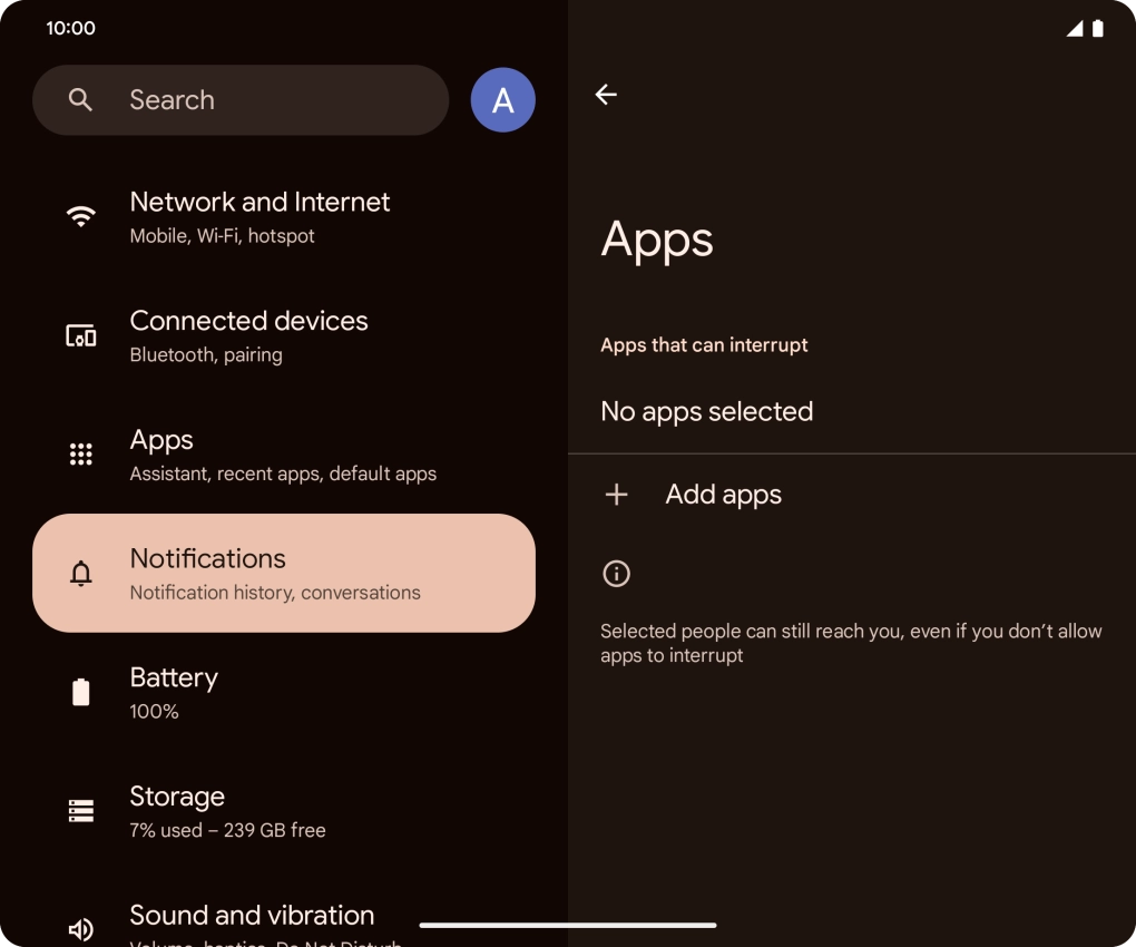 Press Add apps and follow the instructions on the screen to select which apps you would like to receive notifications from when Do Not Disturb is turned on.