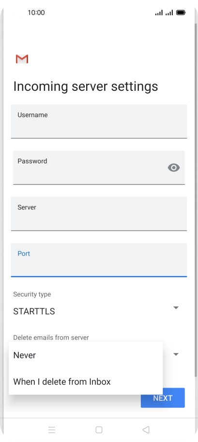 Press Never to keep email messages on the server when you delete them on your phone.