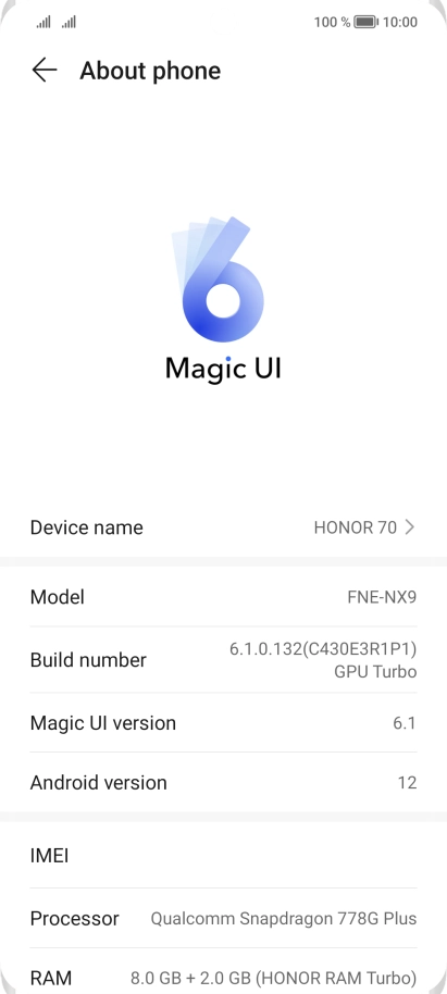 Your phone's software version is displayed next to Android version.