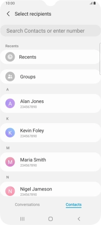Press the search field and key in the first letters of the recipient's name.