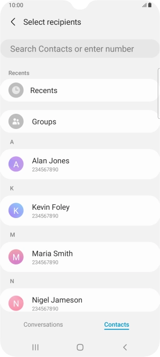 Press the search field and key in the first letters of the recipient's name.