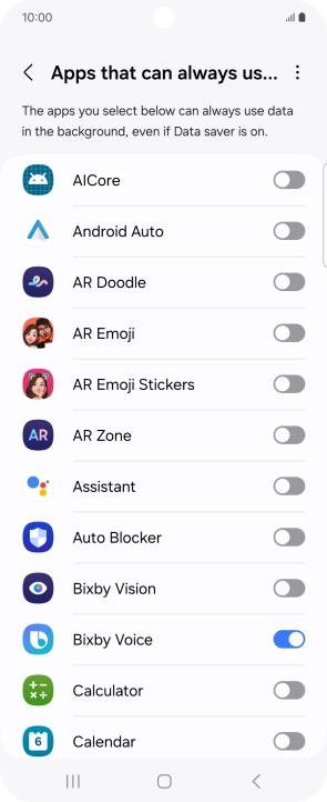 Press the indicators next to the required apps to turn the function on or off.