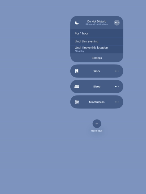 Press the required setting to activate the selected focus mode for a specified period of time or until you leave your current location.