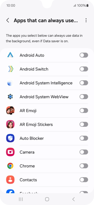 Press the indicators next to the required apps to turn the function on or off.