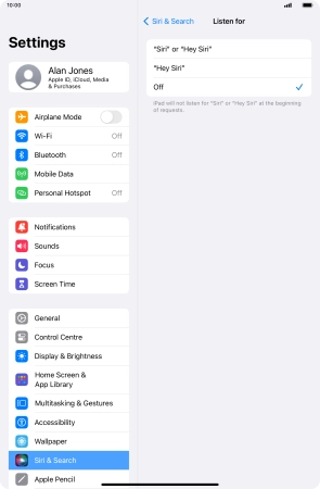 Press the required setting to turn the function on or off. If you turn on the function, you need to follow the instructions on the screen to set up Siri to recognise your voice.