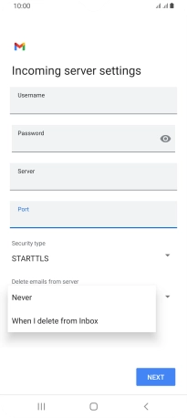 Press Never to keep email messages on the server when you delete them on your phone.