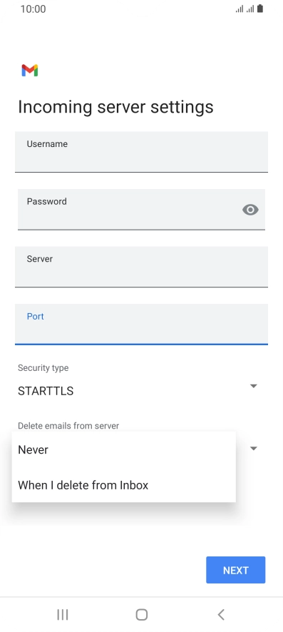 Press Never to keep email messages on the server when you delete them on your phone.