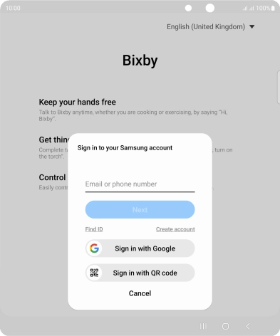 If you don't have a Samsung account, press Create account and follow the instructions on the screen to create an account.