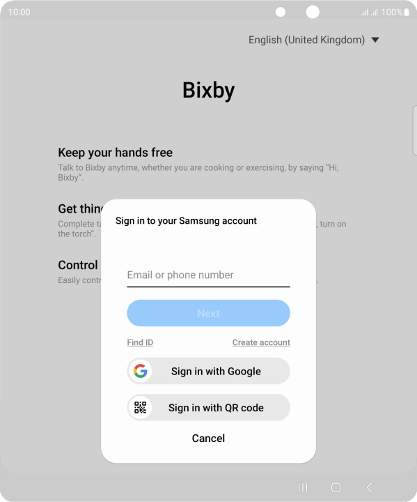 If you don't have a Samsung account, press Create account and follow the instructions on the screen to create an account.