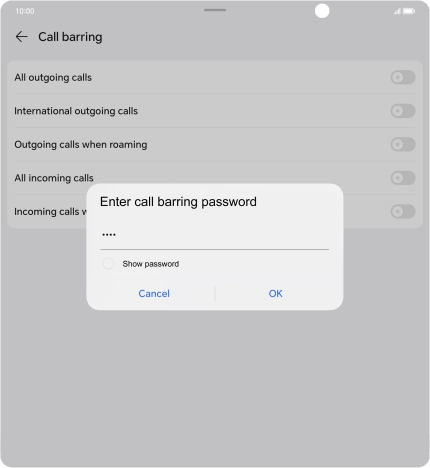 Key in your barring password and press OK. The default barring password is 1919.