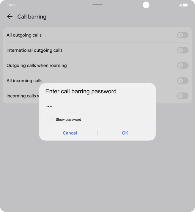 Key in your barring password and press OK. The default barring password is 1919.
