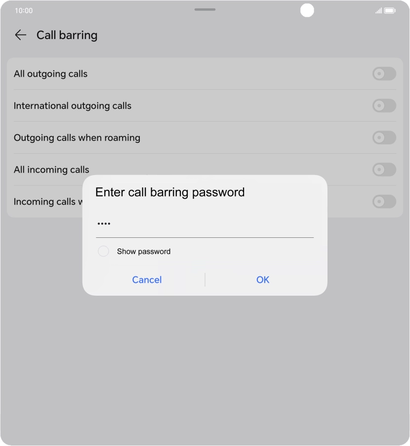 Key in your barring password and press OK. The default barring password is 1919.