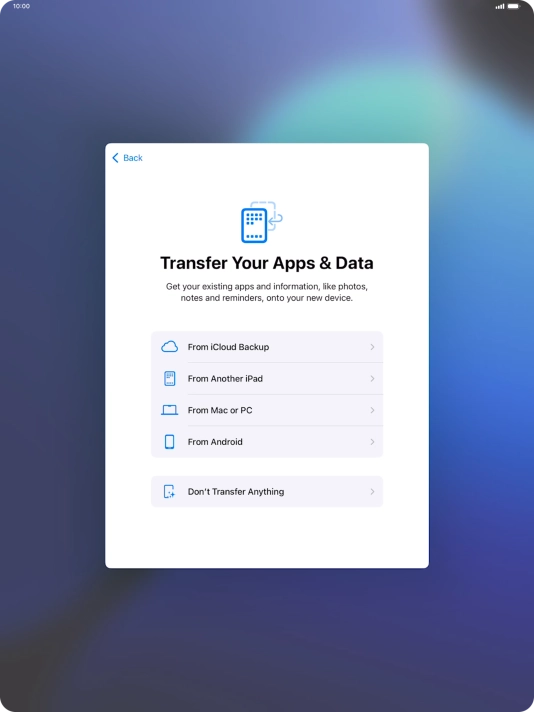 When this screen is displayed, your tablet is ready to restore content from an iCloud backup.