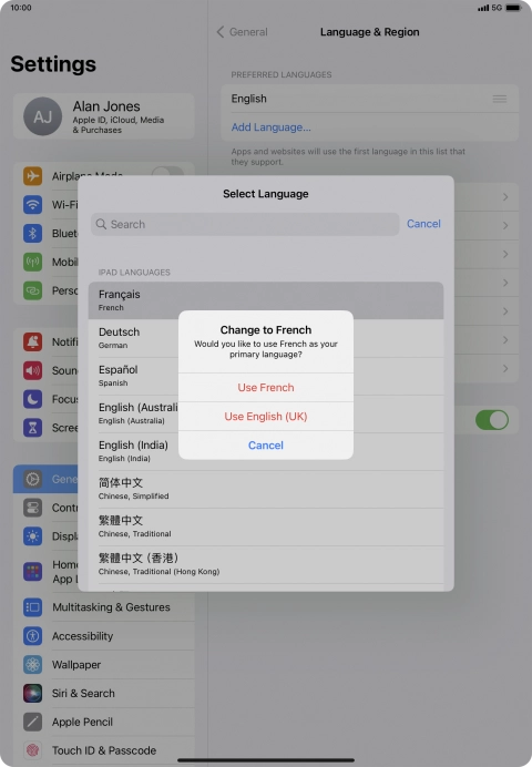 To select the new language as the default tablet language, press Use ‹language›.